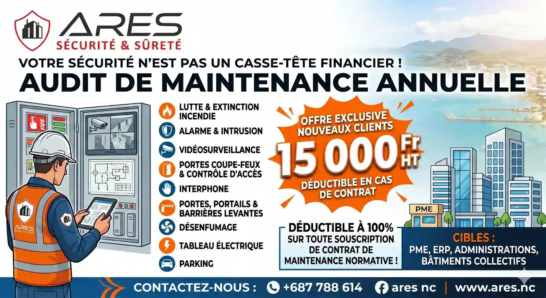 Offre ARES audit de maintenance annuelle pour lutte incendie, intrusion, vidéosurveillance, contrôle d’accès, interphone, désenfumage, tableau électrique et parking