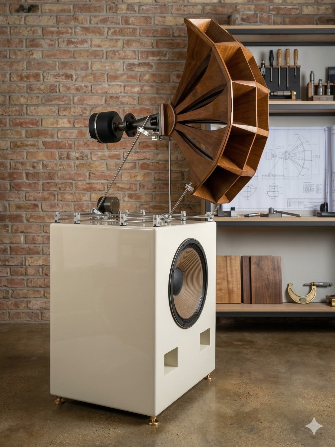 Atelier de fabrication avec pavillon en bois et prototype d’enceinte