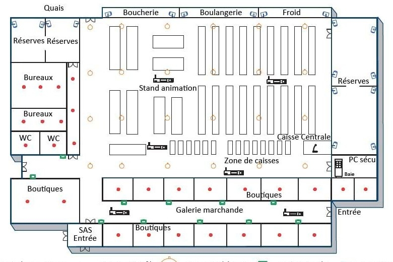 Plan de zonage ERP avec boutiques, galerie marchande, caisses, bureaux et réserves