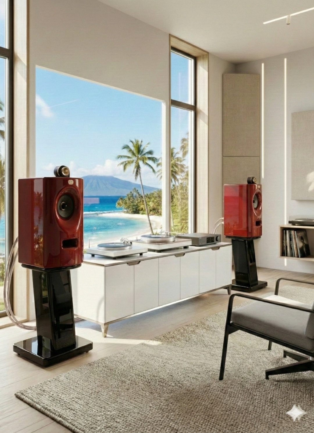 Salon d’écoute haut de gamme avec enceintes rouges et vue lagon