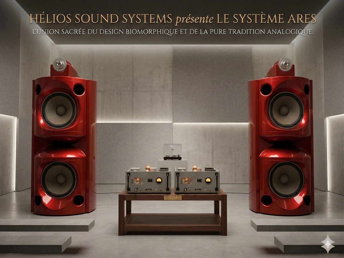 Système ARES avec enceintes rouges et électroniques audiophiles