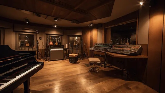 Studio d’enregistrement avec traitement acoustique et régie audio