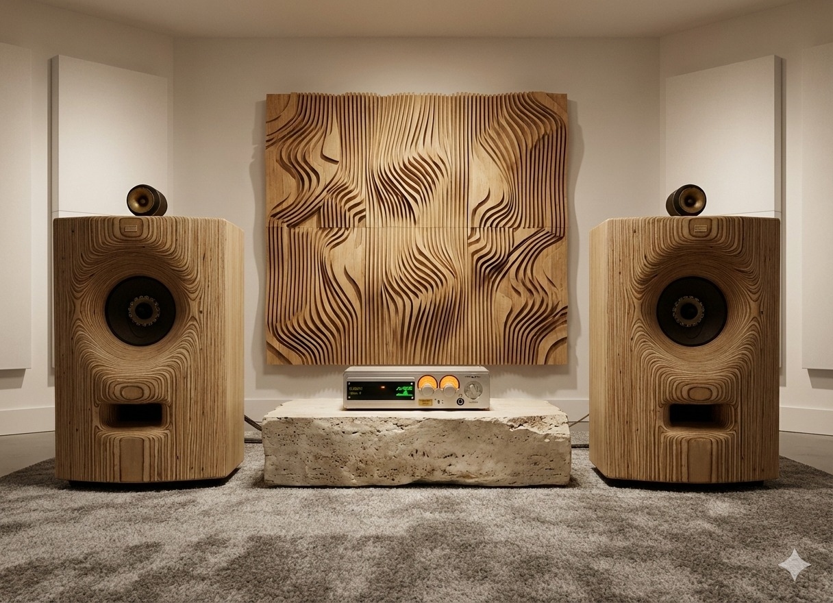 Système audiophile avec enceintes en bois et traitement acoustique