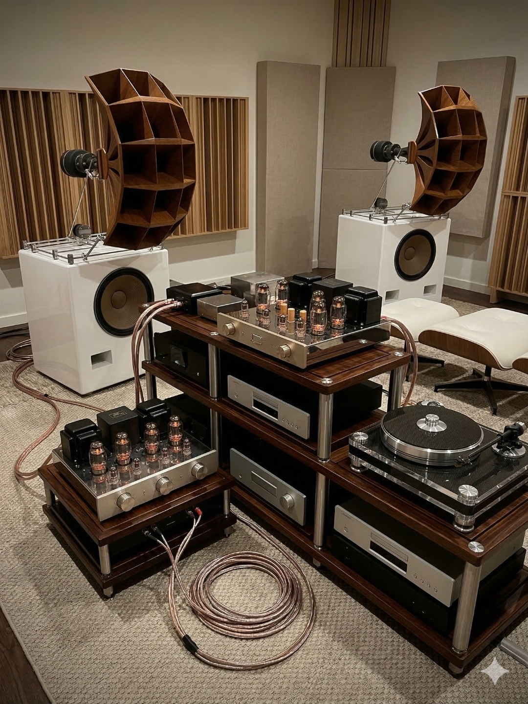 Système haut rendement avec pavillons, platine vinyle et amplificateurs à tubes